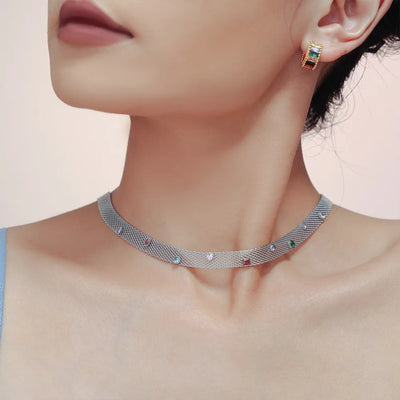 Geometric Colorful Zircon Necklace Titanium Steel PVD Plated Non Fading Jewelry