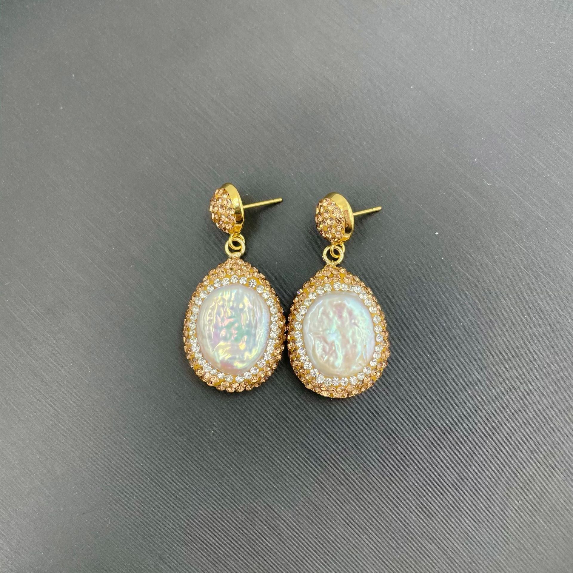 Baroque shaped pearl earrings, high-end personalized retro point diamond earrings, evening wear, light luxury banquet jewelry